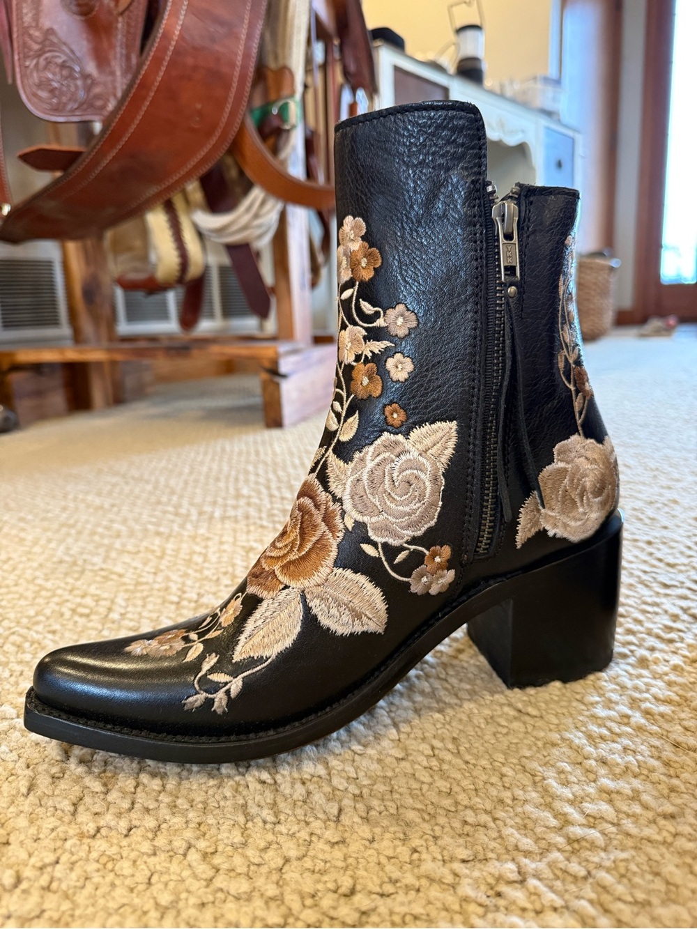 LIBERTY Black Embroidered Leather Ankle Boots with Beige & Brown Floral Detail